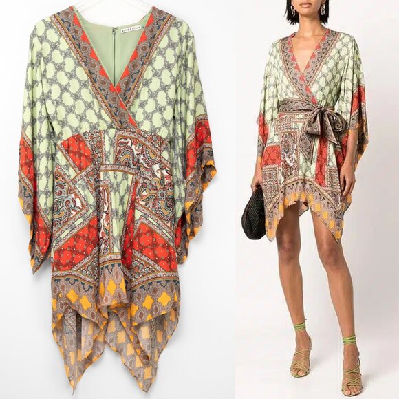 Alice & Olivia Haveri Dress Scarf Print Mini Kimono Multicolor Sage Green Sz 10 - Picture 1 of 6